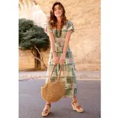 Witt Weiden Sommerkleid WITT "Jersey-Kleid Jerseykleid mit gesmoktem Taillenband hinten", Damen, Gr. 23, K-Gr, altrosa, oliv, bedruckt, Modisch, V-Ausschnitt, Kleider Sommerkleid