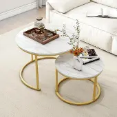 OEM Runde Couchtisch-Set aus 2 Teilen, weiß mit goldenem Rahmen