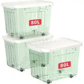 OEM 3er-Set Aufbewahrungsboxen 80L mit Rollen, PP, transparent grün