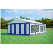 Ambitent Partyzelt 5x8 m STANDARD – PVC-Plane 500 g/m², flammhemmend, verzinkte Stahlrohre Ø38 mm, bis 80 Personen - Blau-Weiß