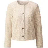 Création L Blusenblazer "Baumwoll-Blazer Spitzenblazer mit goldfarbigen Druckknöpfen", Damen, Gr. 52, beige (ecru), Elegant, Rundhals, Blazer Blusenblazer