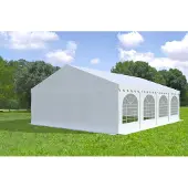 Ambitent Partyzelt 6x8 m MAX – PVC-Plane 550 g/m², flammhemmend, Stahlrohre Ø50 mm, Bodenrahmen + Verstrebungen, bis 96 Personen - Weiß
