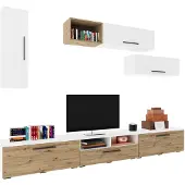 Haaus Kos V19 Wohnwand, 7-teilig, Weiß/Eiche Artisan, 285 cm