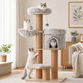 Merkloos Katzenbaum Kratzbaum Katzenkletterbaum - 155 cm hoch - 4 Ebenen - 6 Kratzsäulen - Für große Katzen und mehrere Katzen