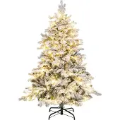 Costway Künstlicher Weihnachtsbaum 135cm mit Schnee, 120 warmweißen LED-Lichtern & Metallständer, Tannenbaum, Christbaum, Kunstbaum Weihnachten Weiß