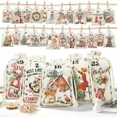 LYLIDIA Adventskalender zum Befüllen 24 Säckchen Beige 15x20 cm mit Holzklammern & Schnur