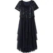 Sheego Jerseykleid "Abendkleid Abendkleid mit Paillettenoberteil", Damen, Gr. 46, N-Gr, blau (nachtblau), Elegant, Rundhals, Kleider Jerseykleid, mit lose fallendem Paillettenoberteil