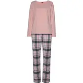 H.I.S. Pyjama H.I.S, Damen, Gr. 42, bunt (rosa, rosa, grau, kariert), Single Jersey, Obermaterial: 100% Baumwolle, kariert, mehrfarbig, Basic lang, Rundhals, Homewear-Sets Pyjama, mit karierter Schlafhose