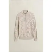 Gant für Herren. 8050603 Strickpullover mit Zopfmuster und halbem Reißverschluss in Beige (S), Lässig, Bio-Baumwolle
