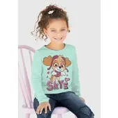 Paw Patrol Langarmshirt , Mädchen, Gr. 128/134, grün (mint), Jersey, Obermaterial: 100% Baumwolle, bedruckt, Basic hüftlang, Rundhals, abgesteppte Kante, Shirts Langarmshirt, Druck mit Glitzerdetails