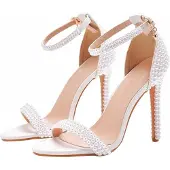 Merkloos Damen Stiletto Sandalen mit Riemchen und Perlen