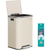 Songmics Mülleimer 50 L, Stahl, mit Deckel, Softclose, 15 Müllsäcke – cremefarben