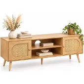 Relaxdays TV-Lowboard, Rattan-Design, Fernsehtisch für bis zu 60 Zoll, Holzoptik, HBT: 49,5x140x40 cm, TV-Bank, natur
