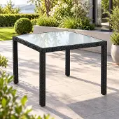 Mendler Poly-Rattan Tisch HWC-F50, Esstisch Tisch mit Glasplatte, 76x90x90cm, schwarz