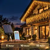 VA-Cerulean Solar LED-Eiszapfenbeleuchtung 10 m, 400 Leds Warmweiß, USB-C, mit Fernbedienung