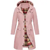 Merkloos Damenregenjacke, wasserdicht, mit abnehmbarer Kapuze, leichte Übergangsjacke in Rosa