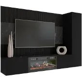 Mirjan 24 Wohnwand Deromi VI, Wohnzimmer Möbel Set, mit Kamin, Griffloses Öffnungssystem push to open, 3er-Set (Farbe: Schwarz / Schwarz + Schwarz Marmor)