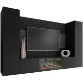 Mirjan 24 Wohnwand Deromi V, Wohnzimmer Möbel Set, mit Kamin, Griffloses Öffnungssystem push to open, 4er-Set (Farbe: Schwarz / Schwarz + Schwarz Marmor)