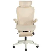 MODFU Klappbarer Bürostuhl, Drehstuhl mit 3D-Kopfstütze, höhenverstellbarer Netzstuhl Relaxsessel mit Lordosenstütze und Neigefunktion, Creme