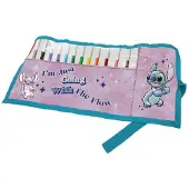 OEM Disney Stitch Rollmäppchen mit 12 Filzstiften, 41x21x19 cm, Rosa/Grün