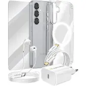 Mayaxess , Essential-Paket für Galaxy S25 Hülle, Schutzglas, Ladegeräte, Kopfhörer, Transparent