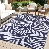 Smiry Outdoor Teppich Blätter Muster Wetterfest 150x240cm Marine Blau & Weiß