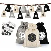 OEM 24 Jutesäckchen Adventskalender mit Zahlen, Schwarz/Creme/Hellgrau
