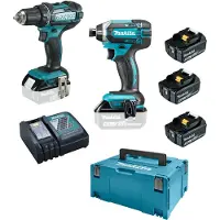 Makita 2er-Set 18V Maschinen - Bohrschrauber Ø 13 mm DDF482 + Schlagschrauber 165 Nm DTD152 - - mit 3 Akkus 18V 5Ah + Schnellladegerät + MakPak - DLX2127TJ1