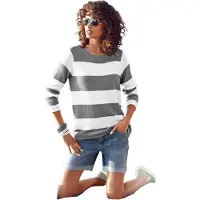 Ambria Rundhalspullover "Pullover", Damen, Gr. 36, grau (grau, weiß), 100% Polyacryl, gemustert, gestreift, figurumspielend, Pullover Rundhalspullover