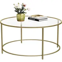 Vasagle Couchtisch mit goldenem Eisengestell Ø84 x 45,5 cm rund Glastisch robustes Hartglas Sofatisch stabil Wohnzimmertisch dekorativ Gold LGT21G