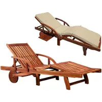 Deuba Sonnenliege Holz inkl. Auflage Creme 320kg Belastbar 195x55cm Klappbar Räder Rückenlehne Verstellbar Ablage Akazie Gartenliege Balkon Garten Terrasse Liege Wetterfest