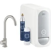 GROHE Blue Home Mono Einhand-Spültischarmatur Starter Kit, Ausladung 153mm, C-Auslauf, mit Filter- und Kühlfunktion, 31498001, Farbe: Chrom
