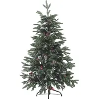 Beliani Weihnachtsbaum 120 cm Grün/ Rot Schnee bestreut mit Zapfen, Stechpalmenbeeren und Kunstschnee Weihnachtszeit/ Weihnachten/ Wohnzimmer Modern
