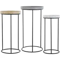 Beliani Beistelltisch 3er Set Grau Weiß und Gelb Metall rund MDF Tischplatte in Stein Optik Granit Industrie Stil Flur Diele Wohnzimmer Schlafzimmer