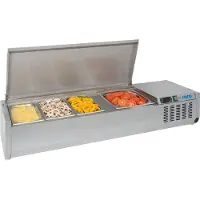 Saro Kühlaufsatz mit Deckel VRX S/S - 1/3 GN, Kühlvitrine mit statischer Kühlung und Edelstahlaufsatz, Modell VRX 1400 S/S Maße (L x B x H): 395 x 1400 x 280 mm