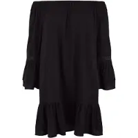 LASCANA Longbluse , Damen, Gr. 48/50, schwarz, Web, Obermaterial: 100% Viskose. Spitze: 100% Baumwolle, unifarben, figurumspielend kurz, Carmenausschnitt, weit Volant, Blusen Longbluse