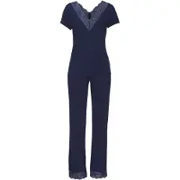 LASCANA Pyjama , Damen, Gr. 36/38, blau (nachtblau), Single Jersey, Obermaterial: 100% Viskose, lang, V-Ausschnitt, abgesteppt, Homewear-Sets Pyjama, mit Spitzendetails