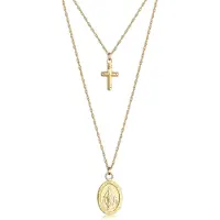 Elli Silberkette "Halskette Layer Kreuz Marienbild 925 Sterling Silber" Gr. 40, gold, Halsketten, Damen, Silber 925 (Sterlingsilber), Silberkette