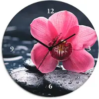 ARTland Glas Wanduhr Funkuhr - schwarzer Zeiger Stillleben mit Kiesel und einer Orchidee Größe: 30x30 cm
