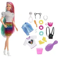 Mattel GRN81 - Barbie - Puppe, 16 Zubehörteile, Leoparden Regenbogen-Haar