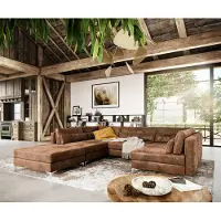 DELIFE Wohnlandschaft Elio 300x185 cm Lederimitat Vintage Braun Antik mit Hocker