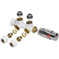 LuxeBath Ventil-Armaturen Set Multiblock Weiß Eckform inkl. Thermostatkopf für Badheizkörper mit Mittelanschluss