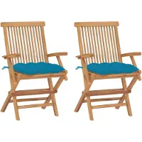 vidaXL Klappstühle mit hellblauen Kissen, 2 Stück, Massivholz Teakholz