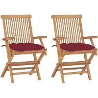 vidaXL Klappstühle mit weinroten Kissen, 2 Stück, Massivholz Teakholz