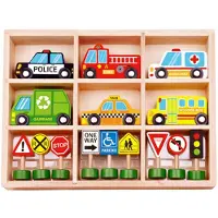 Tooky Toy Spielzeugautos 16-teilig TKF050 Holz-Setzkasten, Transport, Schilder