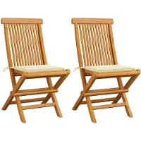 vidaXL Klappstühle mit cremefarbenen Kissen, 2 Stück, Massivholz Teakholz