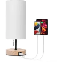 Aigostar Nachttischlampe mit 2 USB-Ladeanschlüssen, E27 Tischlampe mit Zugschalter, Holzsockel, Modern Tischleuchte für Schlafzimmer, Wohnzimmer, Schreibtisch, Babyzimmer - Weiß
