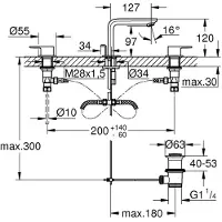 GROHE Lineare 3-Loch Waschtischbatterie, mit Ablaufgarnitur, Ausladung 127mm, 20304001