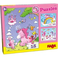 HABA Sales Gmbh & Co.KG Puzzles Einhorn Glitzerglück. 3 Motive 12, 15, 18 Teile
