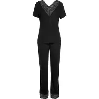 LASCANA Pyjama , Damen, Gr. 44/46, schwarz, Single Jersey, Obermaterial: 100% Viskose, unifarben, figurumspielend lang, V-Ausschnitt, abgesteppt, Homewear-Sets Pyjama, mit Spitzeneinsätzen, Topseller